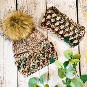 A New Leaf Headband and Brim Beanie in Light Super Chunky yarn.